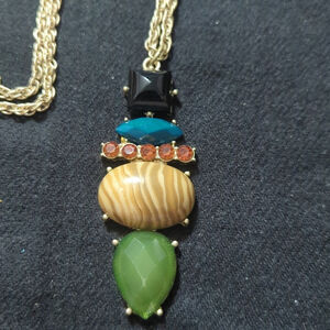 Gold Tone Black Blue Green Tan Orange Rhinestone Pendant Statement Necklace